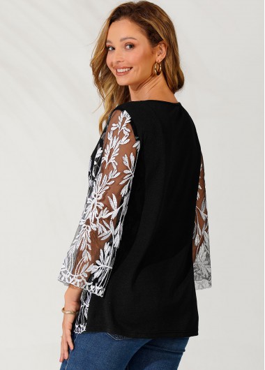 Black tops,Floral tops,ROTITA Embroidered Black 3/4 Sleeve Round Neck T Shirt