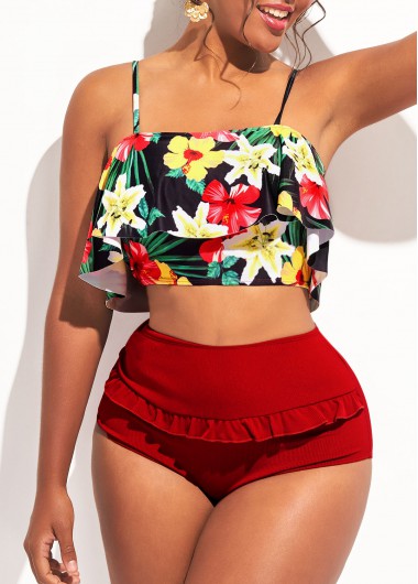 Multi Color swimwear,Floral swimwear,ROTITA High Waist Floral Print Flounce Bikini Set