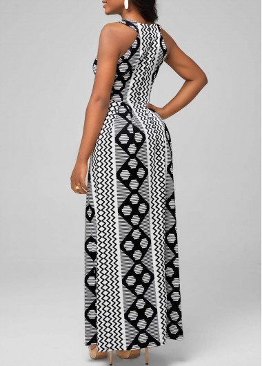 Black dresses,Geometric dresses,Party dresses,Elegant dresses,ROTITA Black Bib Neck Geometric Print Dress