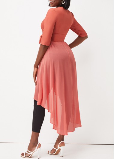 Light Pink tops,Plain Color tops,ROTITA Peach Pink Belted Dip Hem Half Sleeve T Shirt