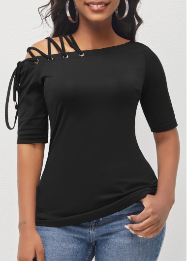 Black tops,Plain Color tops,ROTITA Skew Neck Black Lace Up T Shirt