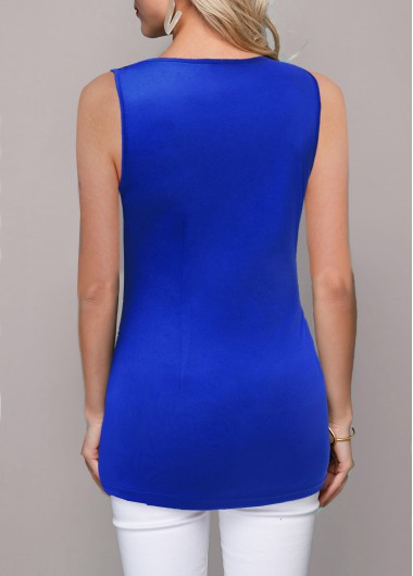 Royal Blue tops,Plain Color tops,ROTITA Embellished Neck Royal Blue Flounce Sleeveless T Shirt