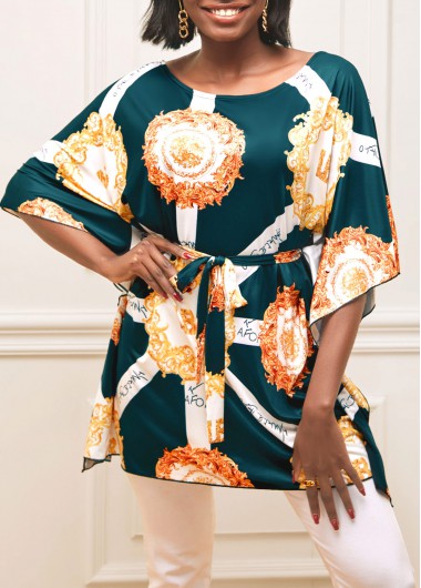 Green tops,Letter tops,Belted Green Letter Print Round Neck T Shirt