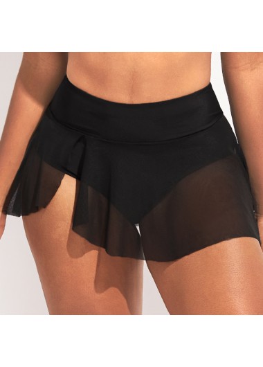 Black swimwear,Plain Color swimwear,ROTITA Mesh Stitching Asymmetric Hem High Waisted Pantskirt