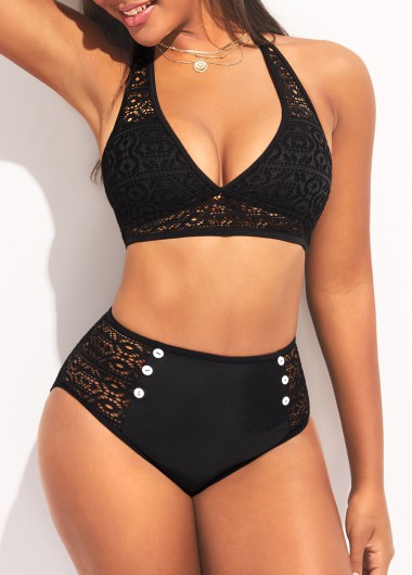 Black swimwear,Plain Color swimwear,ROTITA High Waisted Halter Black Hollow Out Bikini Set