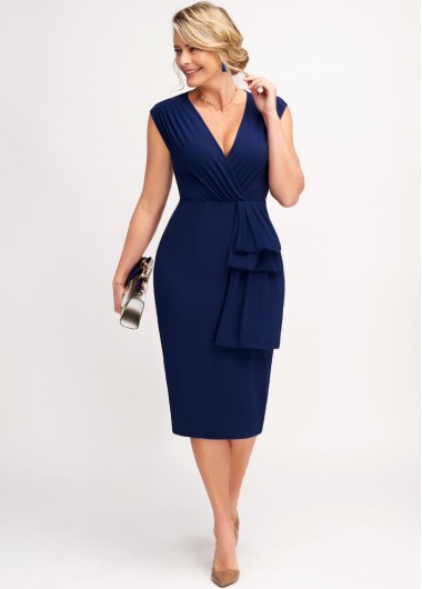 Navy dresses,Plain Color dresses,ROTITA Cap Sleeve Navy Blue V Neck Dress
