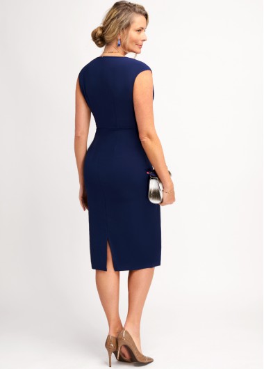 Navy dresses,Plain Color dresses,ROTITA Cap Sleeve Navy Blue V Neck Dress