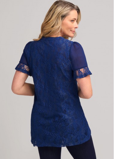 Navy tops,Plain Color tops,ROTITA Navy Blue Lace Stitching Split Neck T Shirt