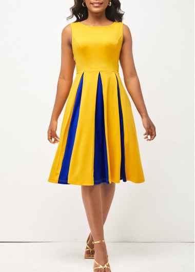 Yellow dresses,Contrast Color dresses,ROTITA Round Neck Contrast Sleeveless Yellow Dress