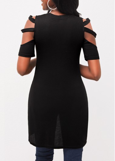 Black tops,Plain Color tops,Ladder Cutout Grommet Asymmetric Hem Black Blouse