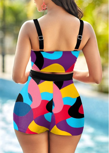 Multi Color swimwear,Geometric swimwear,ROTITA High Waist Geometric Print Wide Strap Bikini Set