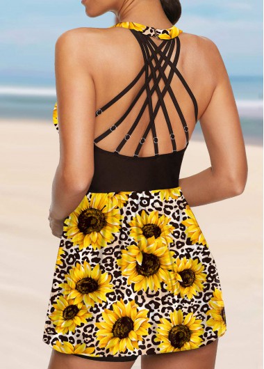 Yellow swimwear,Plants swimwear,ROTITA Yellow Cross Strap Sunflower Print Swimdress and Shorts