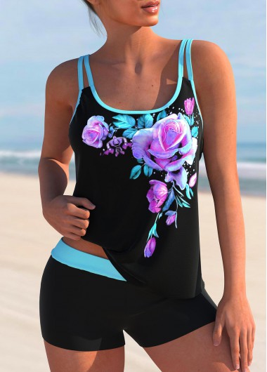 Cyan swimwear,Floral swimwear,ROTITA Cyan Floral Print Double Straps Tankini Set