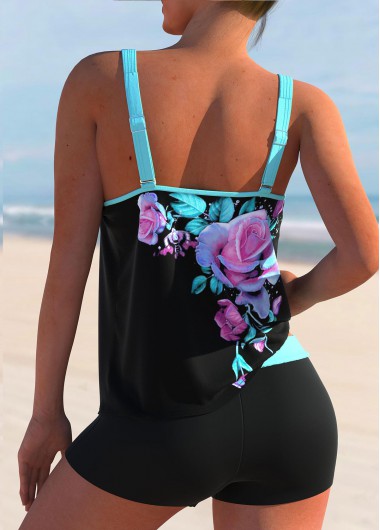 Cyan swimwear,Floral swimwear,ROTITA Cyan Floral Print Double Straps Tankini Set
