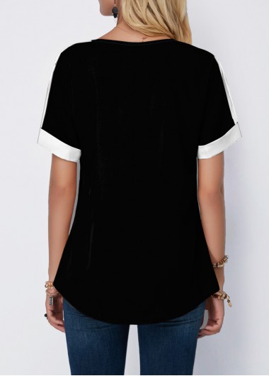 Black tops,Striped tops,ROTITA Floral Print Striped Split Neck Black T Shirt