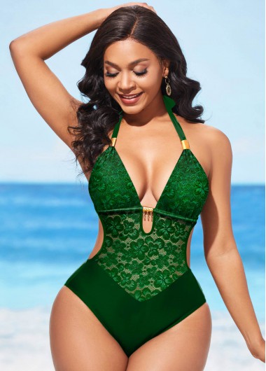 Green swimwear,Plain Color swimwear,ROTITA Lace Stitching Green Halter One Piece Swimwear