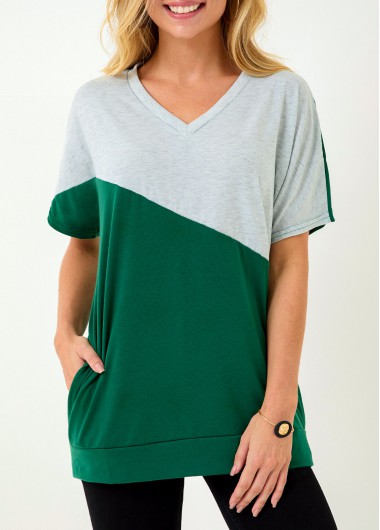 Contrast Color tops,Pocket V Neck Color Block Short Sleeve T Shirt