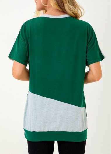 Contrast Color tops,Pocket V Neck Color Block Short Sleeve T Shirt
