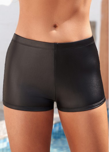 Black swimwear,Plain Color swimwear,Mid Waist Black Wet Look Fabric Swim Shorts