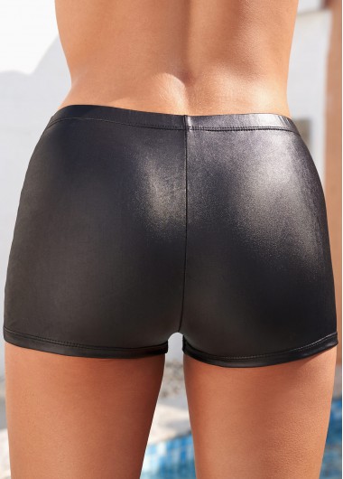 Black swimwear,Plain Color swimwear,Mid Waist Black Wet Look Fabric Swim Shorts