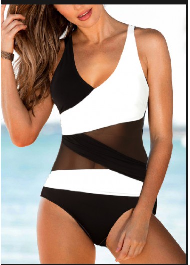White swimwear,Geometric swimwear,ROTITA White Contrast Mesh Stitching One Piece Swimwear