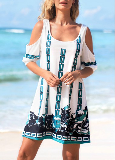 White swimwear,Tribal swimwear,Cold Shoulder Chain Print White Beach Dress