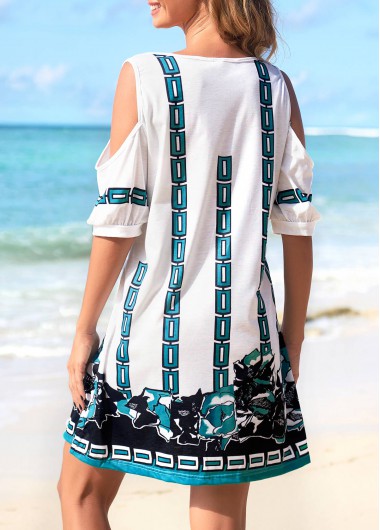 White swimwear,Tribal swimwear,Cold Shoulder Chain Print White Beach Dress