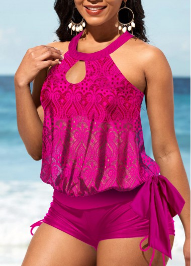 Hot Pink swimwear,Plain Color swimwear,ROTITA Bib Neck Rose Red Drawstring Side Tankini Set