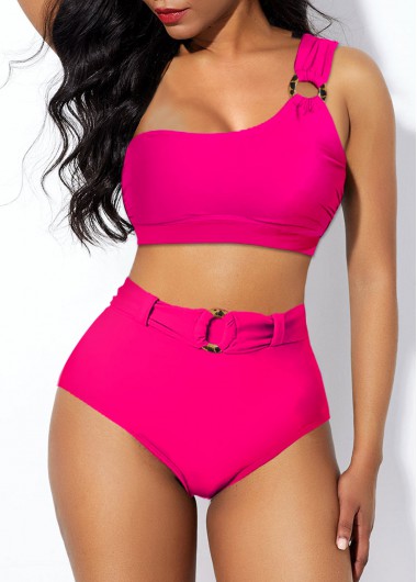 Hot Pink swimwear,Plain Color swimwear,ROTITA High Waisted One Shoulder Hot Pink Bikini Set