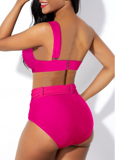 Hot Pink swimwear,Plain Color swimwear,ROTITA High Waisted One Shoulder Hot Pink Bikini Set