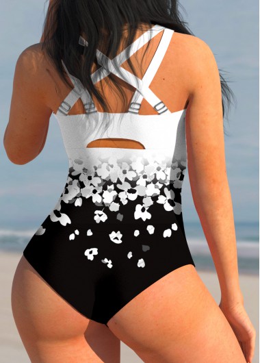 Multi Color swimwear,Floral swimwear,ROTITA Cross Strap Ombre Floral Print One Piece Swimwear