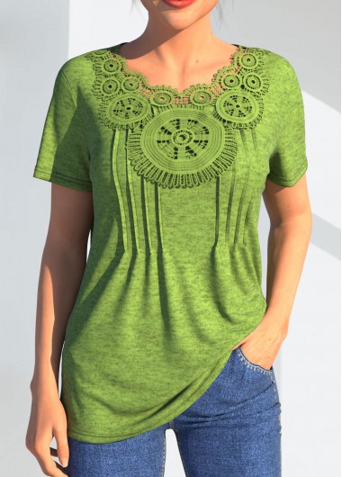 Light Green tops,Plain Color tops,ROTITA Lace Stitching Light Green Crinkle Chest T Shirt