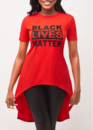 Red tops,Letter tops,ROTITA Asymmetric Hem Letter Print Red T Shirt