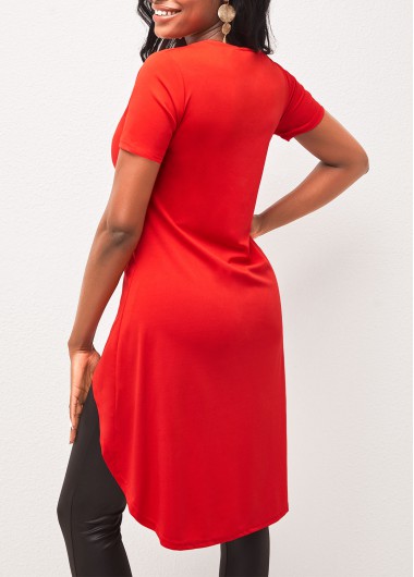 Red tops,Letter tops,ROTITA Asymmetric Hem Letter Print Red T Shirt