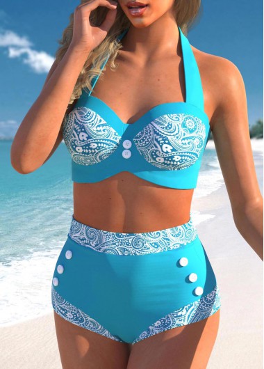 Cyan swimwear,Paisley swimwear,ROTITA Cyan Paisley Print Halter High Waisted Bikini Set