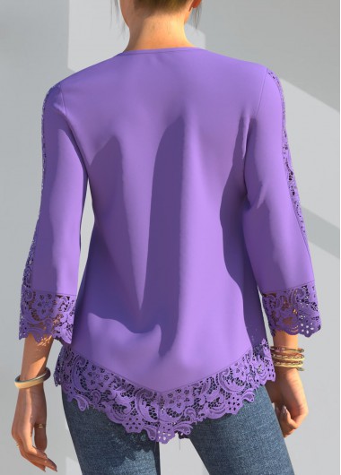 Light Purple tops,Plain Color tops,ROTITA Light Purple Lace Panel Crinkle Chest Blouse