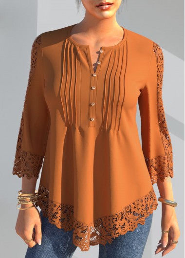 Orange tops,Plain Color tops,ROTITA Lace Panel Crinkle Chest Coral Orange Blouse