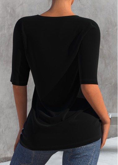 Black tops,Flag tops,ROTITA American Flag Print Split Neck Black T Shirt