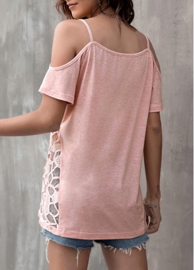 Light Pink tops,Plain Color tops,Cold Shoulder Light Pink Lace Patchwork T Shirt