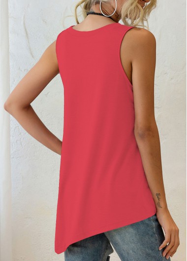 Coral tops,Plain Color tops,ROTITA Asymmetric Hem Coral Red Decorative Button Tank Top