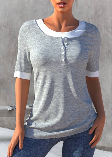 Light Grey tops,Contrast Color tops,ROTITA Light Grey Faux Two Piece Contrast T Shirt