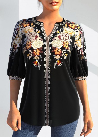 Black tops,Floral tops,ROTITA Floral Tribal Print Split Neck Black Blouse