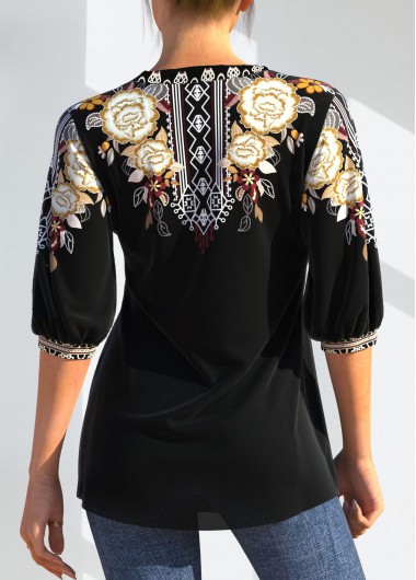 Black tops,Floral tops,ROTITA Floral Tribal Print Split Neck Black Blouse