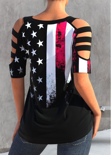 Black tops,Flag tops,ROTITA American Flag Print Black Ladder Cutout T Shirt