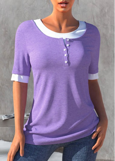 Light Purple tops,Contrast Color tops,ROTITA Faux Two Piece Light Purple Contrast T Shirt