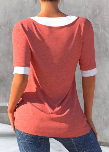 Orange tops,Contrast Color tops,ROTITA Faux Two Piece Coral Orange Contrast T Shirt