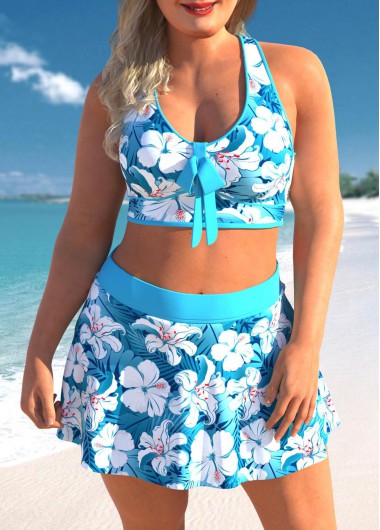Cyan plus size,Floral plus size,ROTITA Floral Print Plus Size Cyan High Waisted Bikini Set