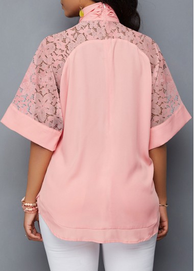 Pink tops,Plain Color tops,ROTITA Lace Stitching Pink Asymmetric Hem Blouse