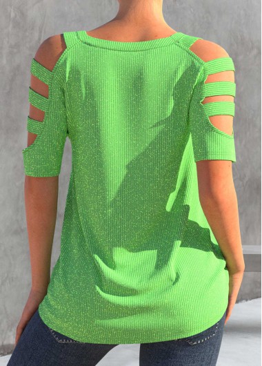 Mint Green tops,Plain Color tops,ROTITA Mint Green Ladder Cutout V Neck T Shirt