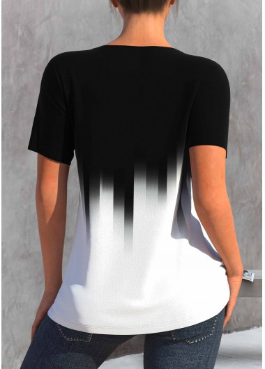 Black tops,Ombre tops,ROTITA Black Ombre Lace Stitching Short Sleeve T Shirt